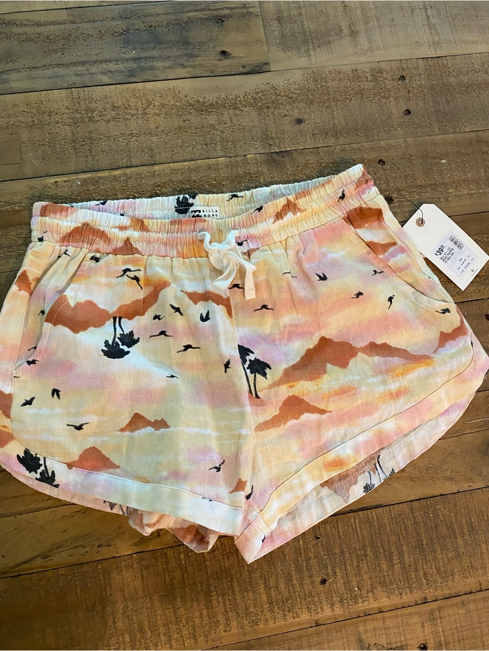 Billabong Peach and Pink Sunset Print Drawstring Shorts